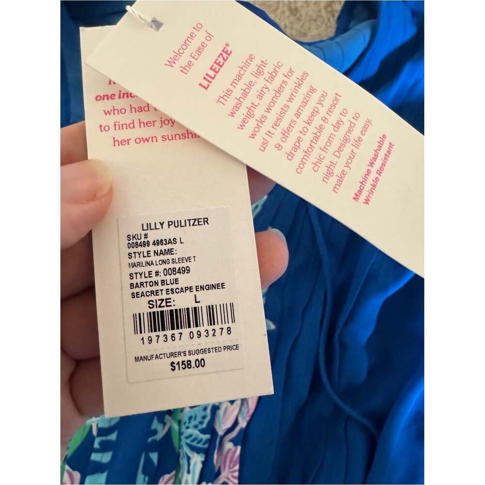 Lilly Pulitzer Royal Blue Floral V-Neck Pleated Blouse - Picture 6 of 6